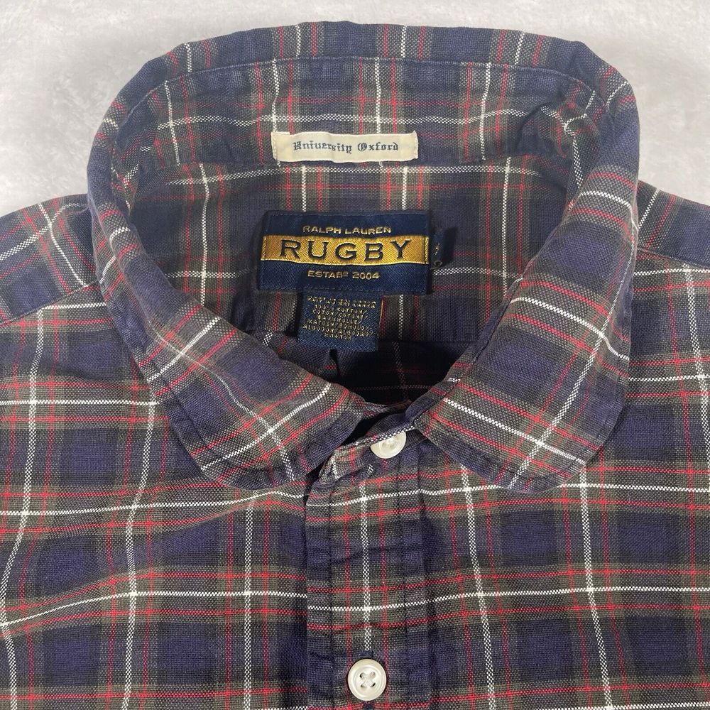 Ralph‎ Lauren Rugby University Oxford Blue/Red Plaid Shirt Men's Medium Pocket